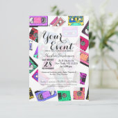 Retro 80er Neon-Gemusterte Kassetten Einladung (Stehend Vorderseite)