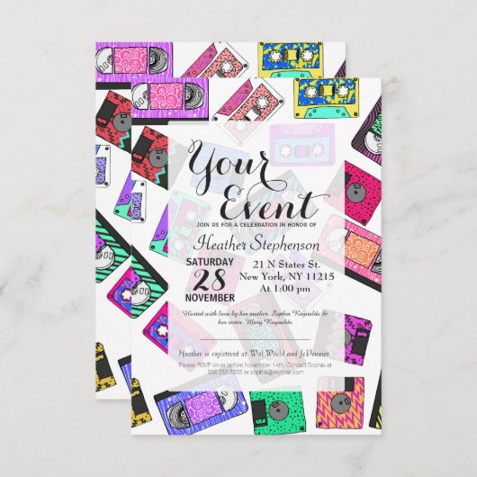 Retro 80er Neon-Gemusterte Kassetten Einladung (Vorne/Hinten)