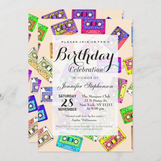 Retro 80er Neon-Gemusterte Kassetten Einladung (Vorne/Hinten)