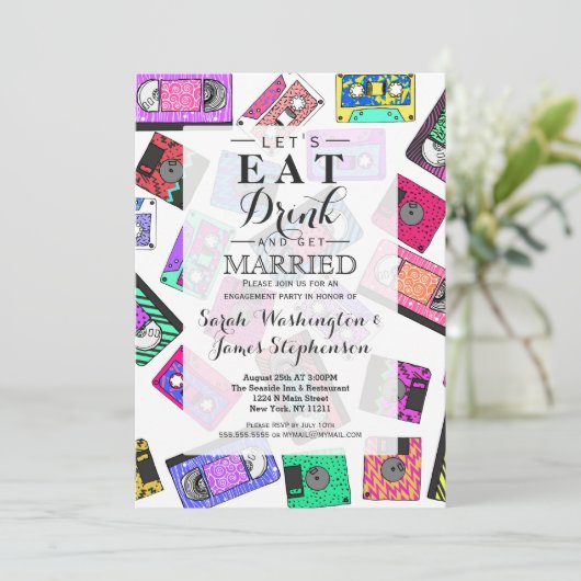 Retro 80er Neon-Gemusterte Kassetten Einladung (Stehend Vorderseite)