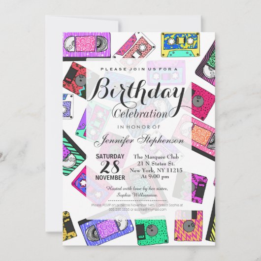 Retro 80er Neon-Gemusterte Kassetten Einladung (Vorderseite)