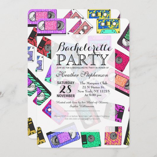 Retro 80er Neon-Gemusterte Kassetten Einladung (Vorne/Hinten)