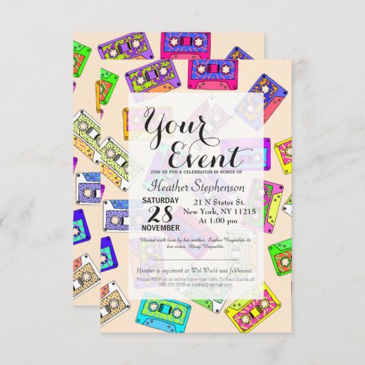 Retro 80er Neon-Gemusterte Kassetten Einladung (Vorne/Hinten)