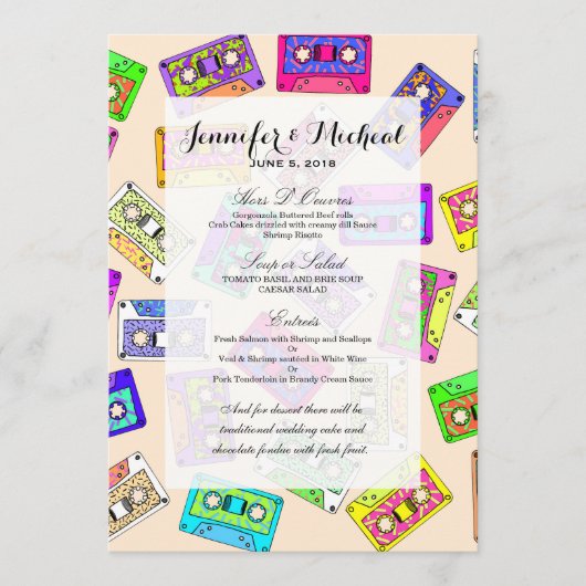 Retro 80er Neon-Gemusterte Kassetten Menükarte (Vorderseite)