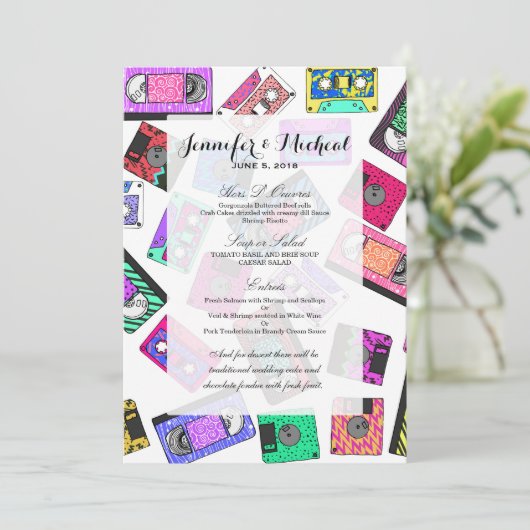 Retro 80er Neon-Gemusterte Kassetten Menükarte (Stehend Vorderseite)