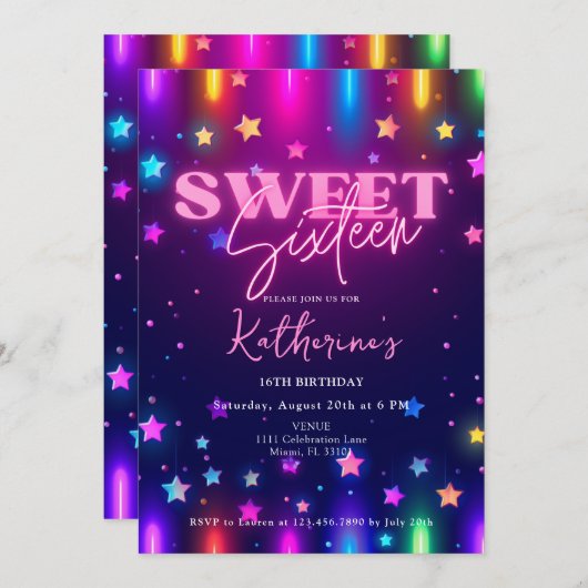 Retro 80er Neon Laser Glow Sweet 16 Sechzehn Einladung (Vorne/Hinten)