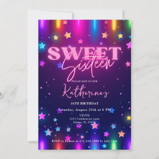 Retro 80er Neon Laser Glow Sweet 16 Sechzehn Einladung