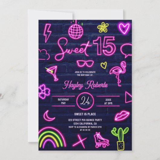 Retro 80er Neon Laser Glühen Sweet 15 navy Blue Ba Einladung (Vorderseite)