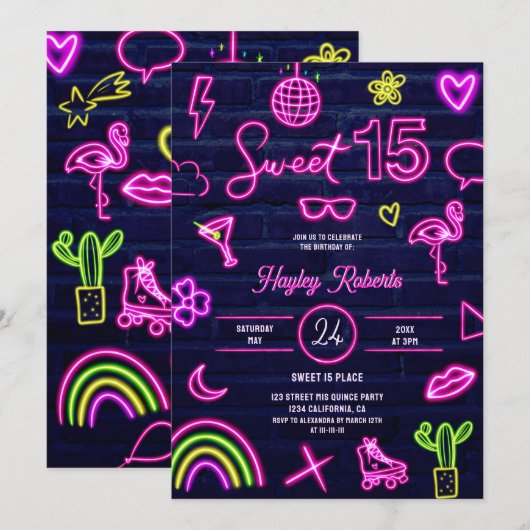 Retro 80er Neon Laser Glühen Sweet 15 navy Blue Ba Einladung (Vorne/Hinten)