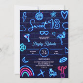 Retro 80er Neon Laser Glühen Sweet 16 navy Blue Ba Einladung (Vorderseite)