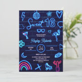 Retro 80er Neon Laser Glühen Sweet 16 navy Blue Ba Einladung (Stehend Vorderseite)