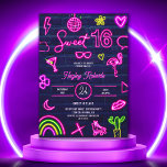 Retro 80er Neon Laser Glühen Sweet 16 navy Blue Ba Einladung<br><div class="desc">Ein cooler und trendiger Retro 80er Neon Laser Glühen Sweet 16 auf marineblau Ziegelwand mit elektrischem neonrosa Illustrationszeichen von Flamingo,  Sonnenbrille,  Kuss,  Ananas,  Regenbogen,  Herzen,  Blume. Mond,  Rollerskates,  Diskoball und vieles mehr. Perfekt für das Glühen in den dunklen,  laserarcade Themen neon Geburtstagsparty .</div>