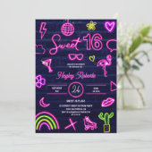 Retro 80er Neon Laser Glühen Sweet 16 navy Blue Ba Einladung (Stehend Vorderseite)