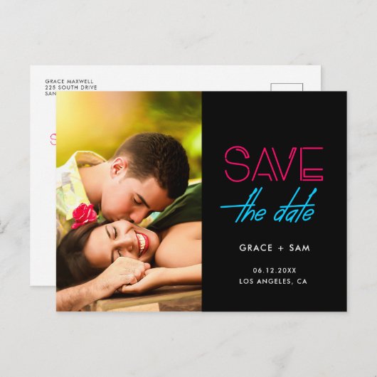 Retro 80er Neon Lichter Save the Date Foto Ankündigungspostkarte (Vorne/Hinten)
