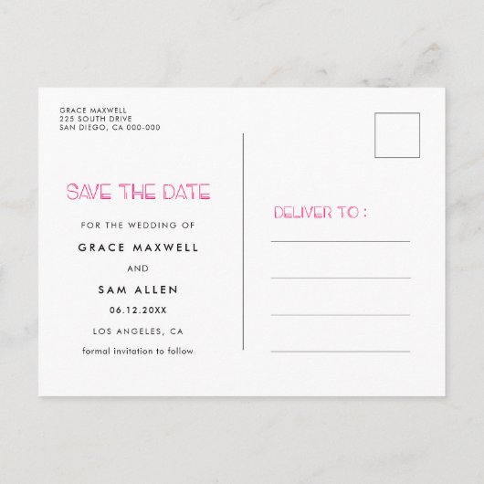 Retro 80er Neon Lichter Save the Date Foto Ankündigungspostkarte (Rückseite)