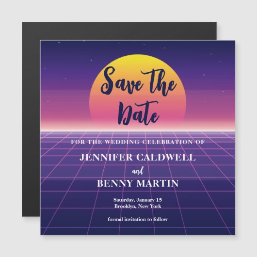 Retro 80er Neon Lila Save the Date Magnet Card (Vorne/Hinten)