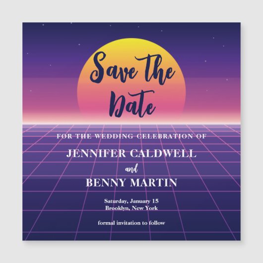 Retro 80er Neon Lila Save the Date Magnet Card (Vorderseite)