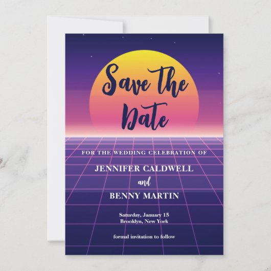 Retro 80er Neon Lila Synthwave Sunset Rock Star Save The Date (Vorderseite)