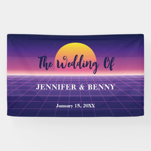 Retro 80er Neon Lila Synthwave Sunset Wedding Banner (Horizontal)