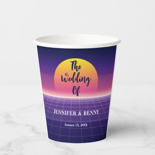 Retro 80er Neon Lila Synthwave Sunset Wedding Pappbecher (Vorderseite)