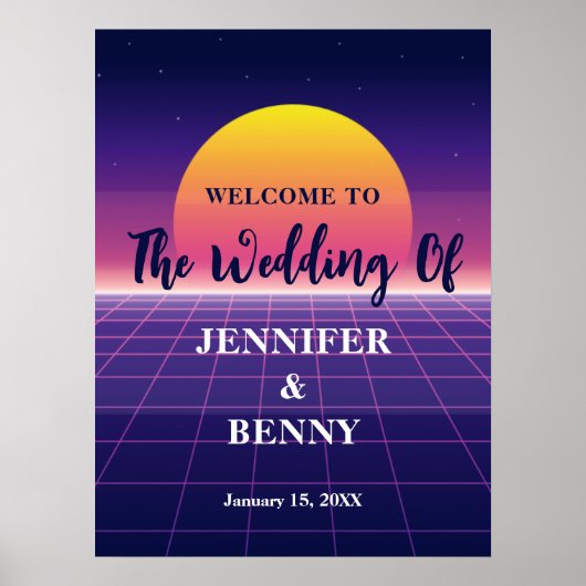 Retro 80er Neon Lila Synthwave Sunset Wedding Poster (Vorne)