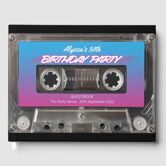 Retro 80er Neon Pink Blue Mixtape Kassette Party G Gästebuch (Vorderseite)