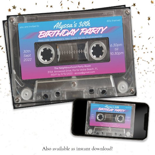 Retro 80er Neon Pink Blue Mixtape Kassette Party i Einladung