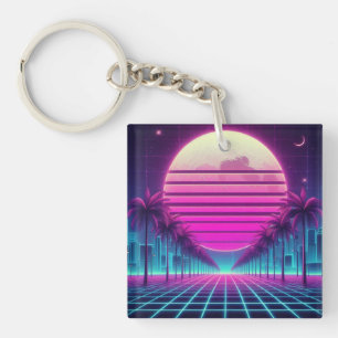 Retro, 80er Neon Sonne/Palmen Schlüsselanhänger