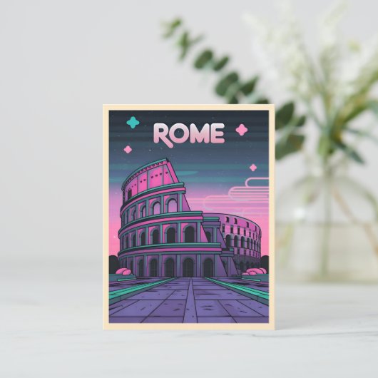 Retro 80er Neon Synthwave Colosseum Rome Postkarte (Stehend Vorderseite)