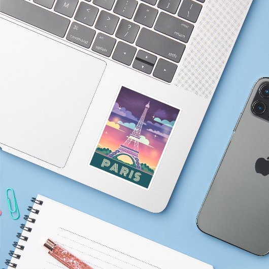 Retro 80er Neon Synthwave Eiffel Tower Paris Frank Aufkleber (Laptop mit iPhone)