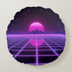 Retro 80er Neon Synthwave Gitter Rundes Kissen