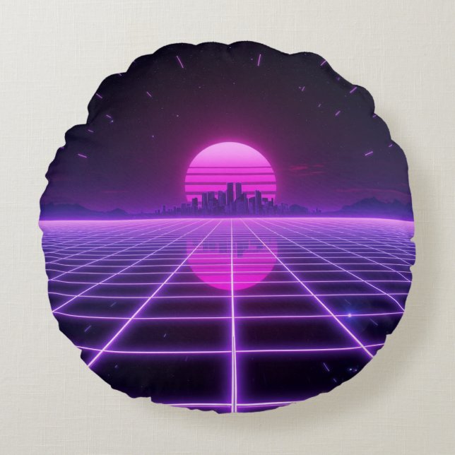 Retro 80er Neon Synthwave Gitter Rundes Kissen (Vorderseite)