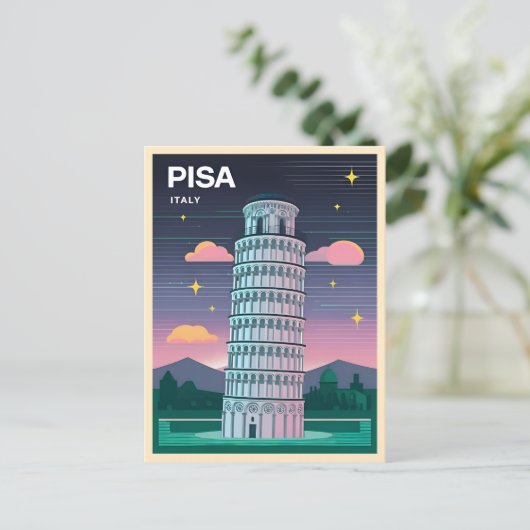 Retro 80er Neon Synthwave Leaning Tower Pisa Itali Postkarte (Stehend Vorderseite)
