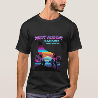 Retro 80er Neon Wolf Heul Vaporwave Palmen T-Shirt