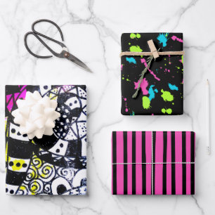 Retro 80er Paint Spritzer Streifen Graffiti Doodle Geschenkpapier Set