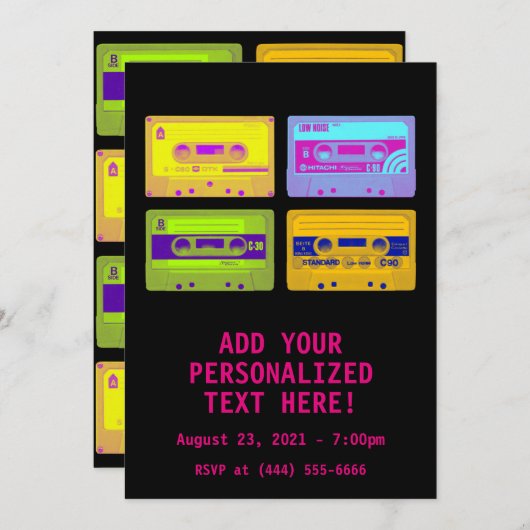 Retro 80er Pop Art Kassetten Einladung (Vorne/Hinten)