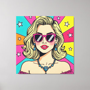 Retro 80er Pop Kunst Frau mit Diamantschleife Leinwanddruck