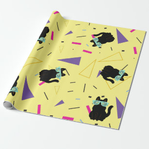 Retro 80er schwarze Katzen-Neon-Geometrie Geschenkpapier
