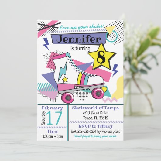 Retro 80er Skate Party Geburtstag Einladung (Stehend Vorderseite)