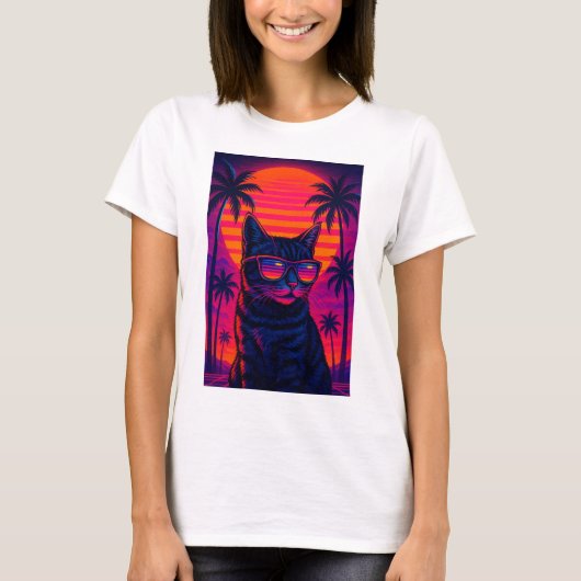 Retro 80er Sunset Cat mit Sonnenbrille T - Shirt (Vorderseite)