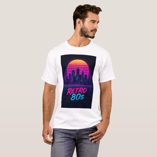 Retro 80er Synthwave City Skyline T - Shirt (Vorne ganz)