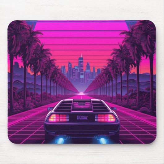 Retro 80er Synthwave Neon Auto Schreibtischmatte & Mousepad (Vorne)