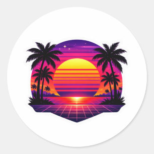 Retro-80er-Synthwave-Sonnenuntergang-Palmenbaum-Au Runder Aufkleber