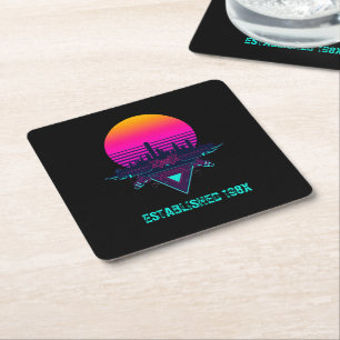 Retro 80er Synthwave Stadt Neon-Schreibtischunterl Rechteckiger Pappuntersetzer