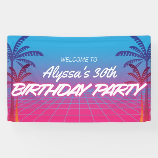Retro 80er Themed Neon Pink Blue Birthday Party Banner (Horizontal)