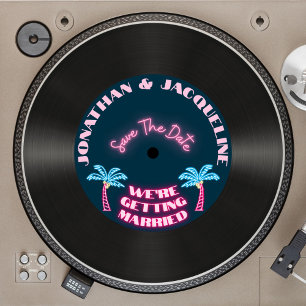 Retro 80er Tropical Neon Vinyl Record Save the Dat Einladung