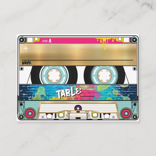Retro 80's 90er Hip Hop Gold Cassette Tape Wedding Platzkarte (Vorderseite)