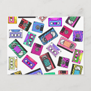 Retro 80's 90er Neon Gemustert Cassette Tapes Postkarte