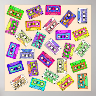 Retro 80's 90's Neon Patterned Cassette Tapes Poster