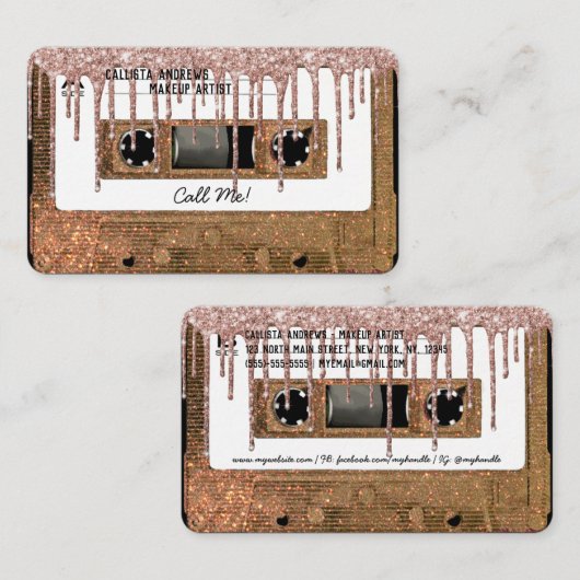 Retro 80's Gold Glitzer Tropfen Kassettenband Mixt Visitenkarte (Vorne/Hinten)